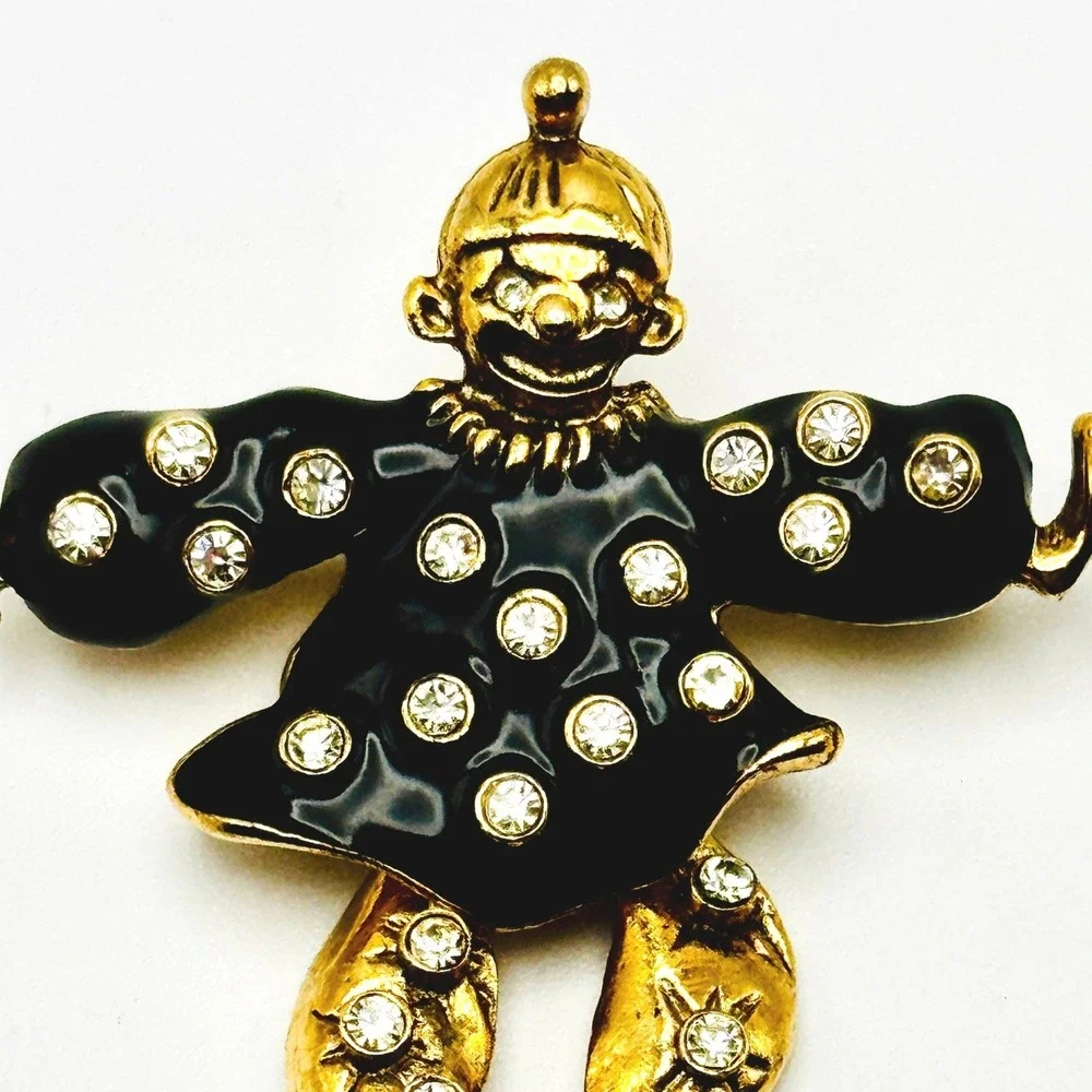 Vintage Black Enamel Articulated Rhinestone Dancing Clown Brooch Pin Whimsical